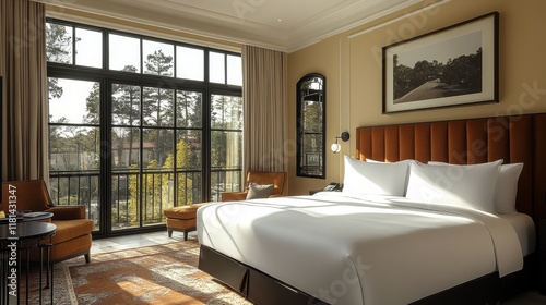 Bright and modern bedroom featuring large windows and elegant decor in a sere...