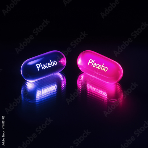 one placebo one treatment pills in neon colors on black surface