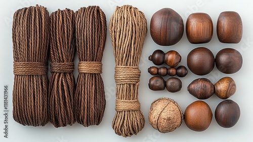 Natural craft materials arranged in various textures and colors on a dark sur...