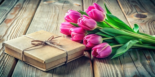 Delicate pink tulips bloom beside a stylish notebook, nestled in a charming gift box, a spring feast for the eyes.