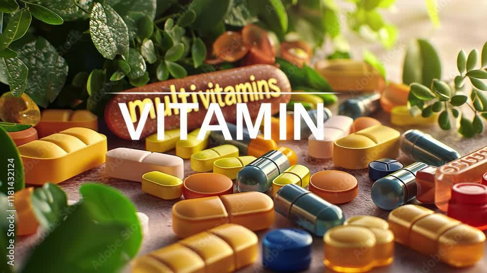 jar and multivitamin pills. Selective focus