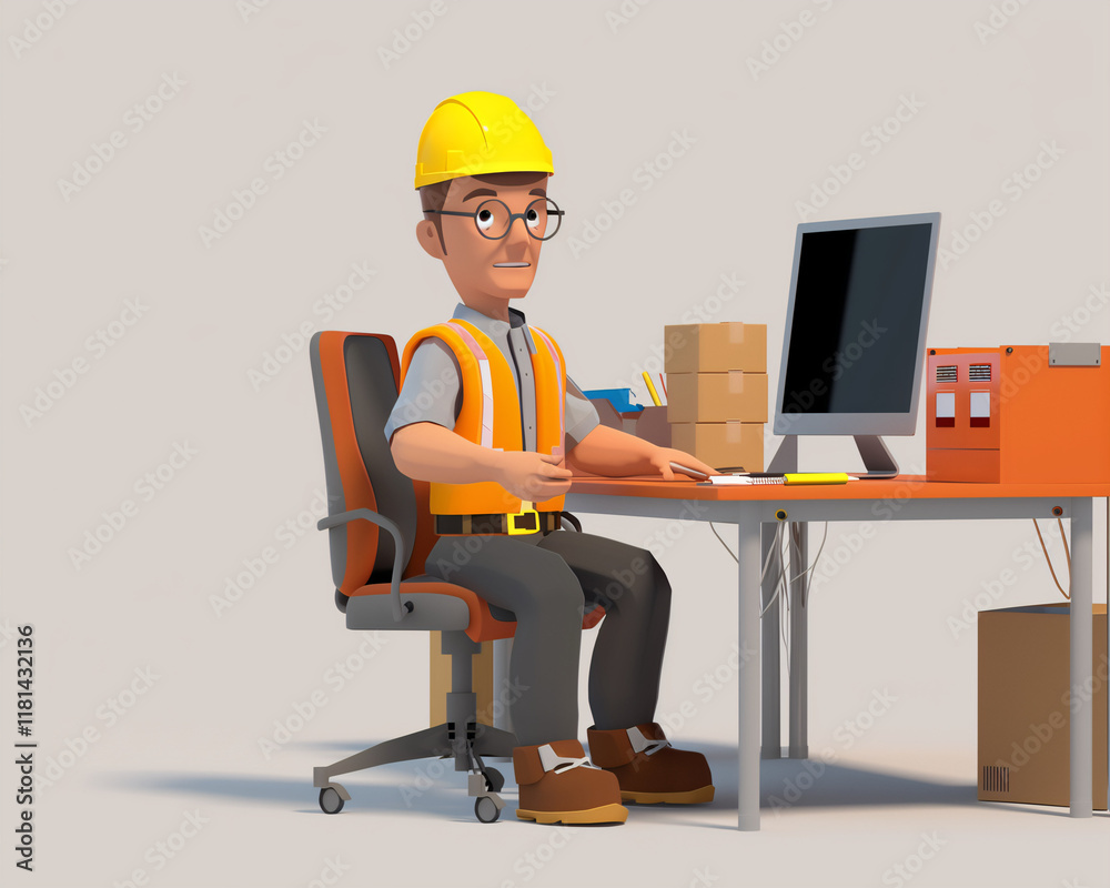 Cartoon Construction Worker at Desk with Computer and Tools in Office Illustration Cartoon Construction Worker at Desk with Computer and Tools in Office Illustration