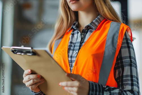 Construction builder inspector in uniform and safety equipment generative AI photo