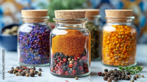 Colorful assortment of spices and herbs in glass jars on a kitchen counter