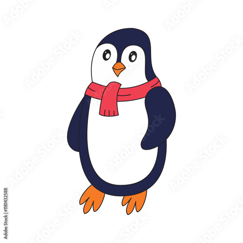 Cute Winter Penguin Illustration in Scarf Cartoon Style