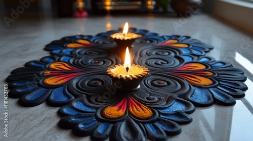 Beautiful diya lamps surrounded by petals create a serene atmosphere during a...