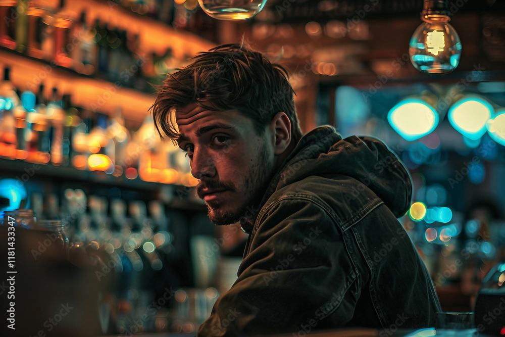 Fototapeta premium Generative AI Image of a Person in a Bar with Warm Lighting, Evoking Nightlife Atmosphere