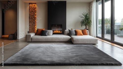 Cozy living room with large windows showcasing vibrant greenery during sunset