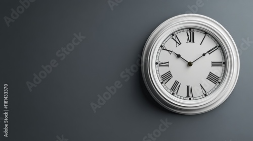 Wall clock displaying time with Roman numerals against a black background in ...