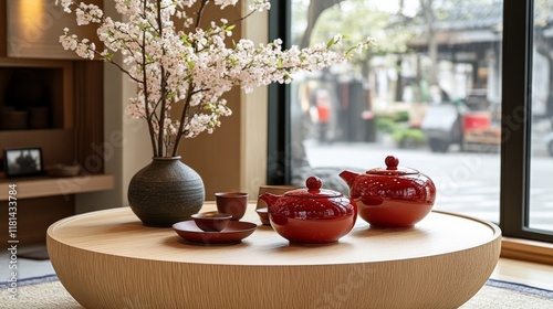 Elegant tea setting with cherry blossom decoration in a modern tea room