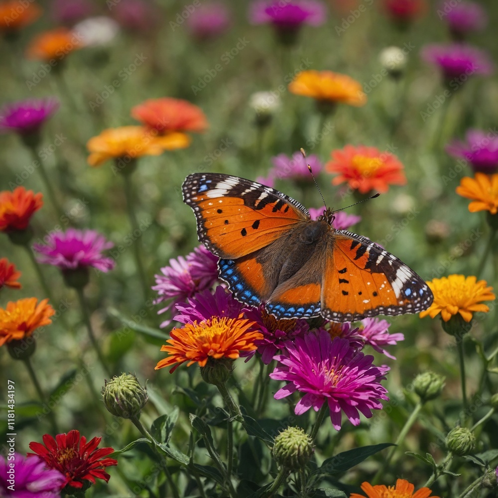 Obraz premium A butterfly resting on a vibrant flower in a colorful field.