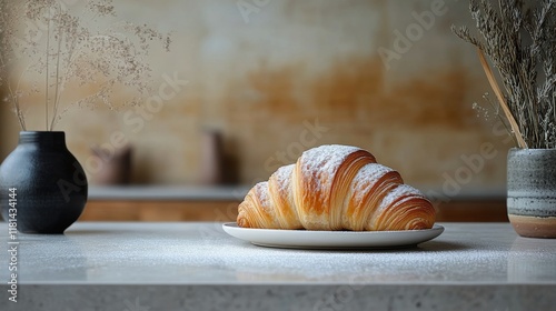 Freshly baked croissant on a simple plate with elegant decor in a cozy kitchen