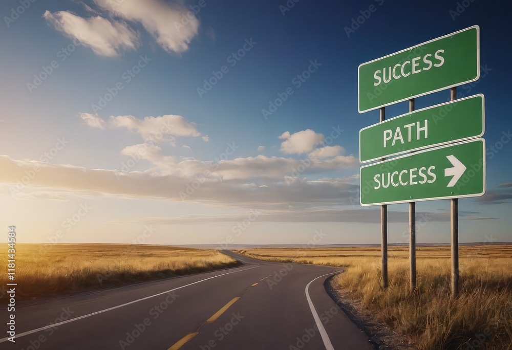 A road adorned with a sign indicating the way to success path, success A road adorned with a sign indicating the way to success path, success