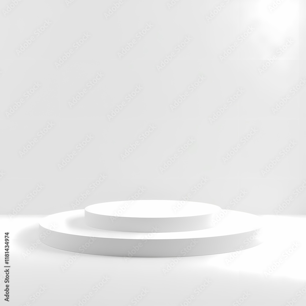 White stand on white background. Empty shelf for goods in the background. 3D rendering White stand on white background. Empty shelf for goods in the background. 3D rendering