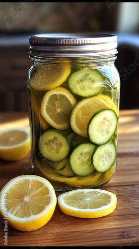 Fresh cucumber and lemon slices preserved in a jar on a wooden surface outside