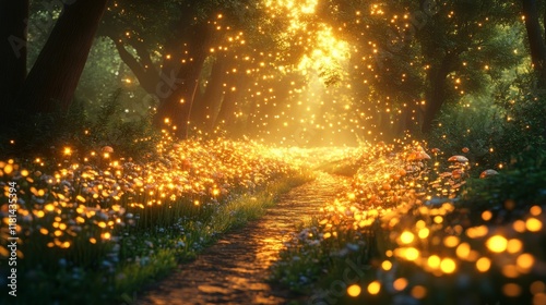 Enchanting forest pathway illuminated by glowing mushrooms at sunset