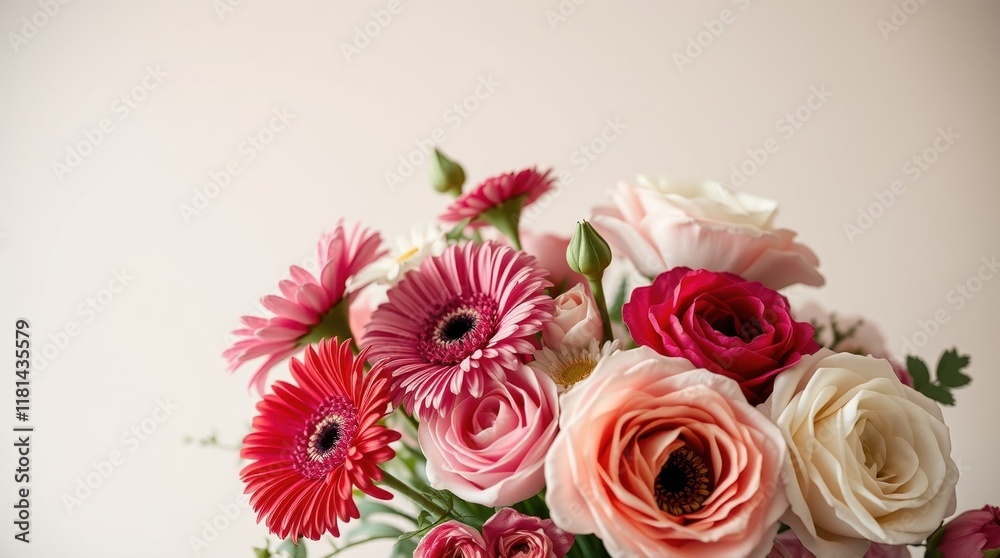 Fototapeta premium Charming bouquet of pink gerbera daisies and roses displayed against a soft neutral background