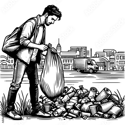 Man Collecting Litter in Urban Area vector