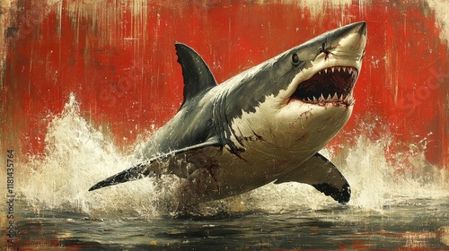 Great white shark leaping from water, textured red background.