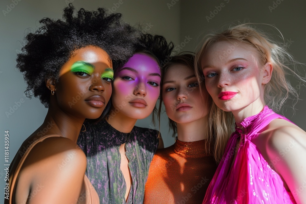 Obraz premium Expressive aura-inspired makeup celebrates individuality and modern beauty. Bold colors, radiant skin, and artistic elegance showcase a vibrant trend for all generations. Generative AI.