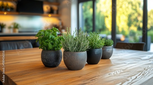 Fresh herbs in decorative pots on a wooden kitchen table with natural light