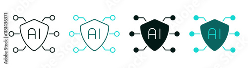 Cyber Security icon set. AI shield logo with circuit for web or mobile. Artificial intelligence, technology  data protection or antivirus concept. Modern line and solid symbol. Editable vector stroke.