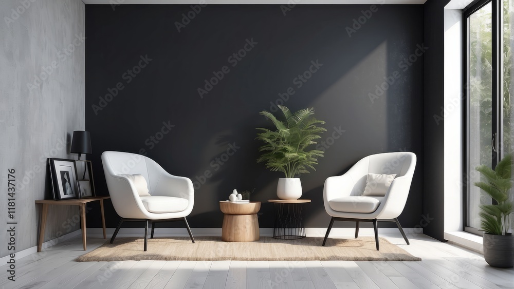 Fototapeta premium Modern minimalist empty room, with white chair, black wall background