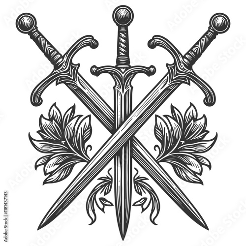 three crossed medieval swords in black and white, vintage engraving style and classic weaponry design sketch engraving generative ai vector illustration. Scratch board imitation. Black and white image