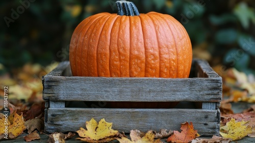 Vibrant orange pumpkin on wooden crate surrounded by colorful autumn leaves i...