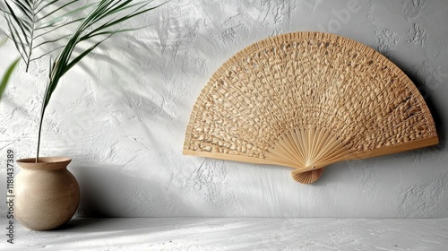 Elegant wooden fan displayed on a neutral background with delicate shadows at...