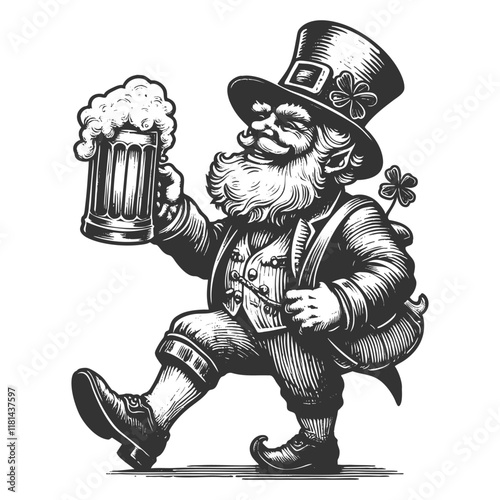 leprechaun holding a frothy beer mug, surrounded by shamrocks and gold coins, symbolizing luck and festivity sketch engraving generative ai vector illustration. Scratch board. Black and white image.