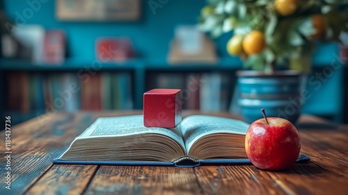 Colorful building blocks arranged around an open book on a wooden table near ...