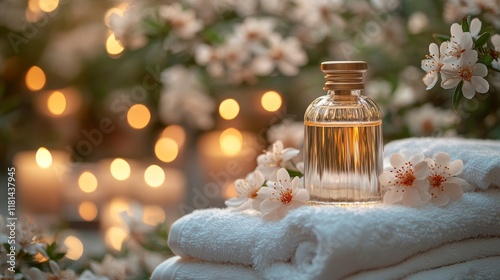 Relaxing spa setup with essential oil and candles in serene indoor space