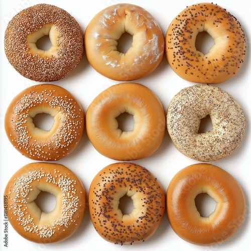 A delightful assortment of bagels featuring a variety of toppings, perfect for breakfast or brunch inspiration. photo