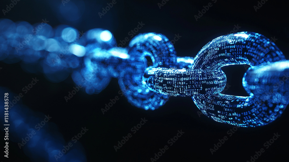 Digital chain visualizing blockchain with binary code in a futuristic blue design Digital chain visualizing blockchain with binary code in a futuristic blue design