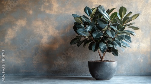 Indoor potted plant positioned near a sunlit window casting shadows on the te...