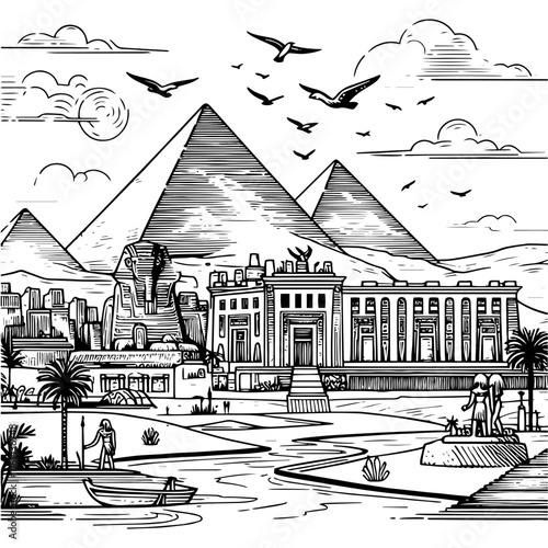 Ancient Egyptian Landscape Pyramids and Sphinx