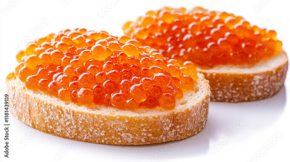 Close-up of two slices of bread generously covered with red caviar on a white background. The caviar looks fresh and shiny, with individual eggs visible in every detail. Close-up of two slices of bread generously covered with red caviar on a white background. The caviar looks fresh and shiny, with individual eggs visible in every detail.