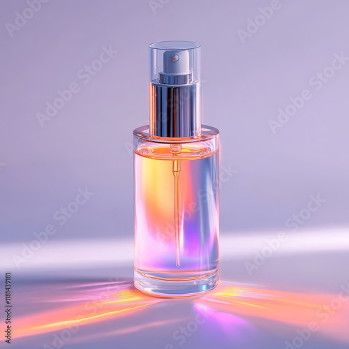 A cylindrical bottle with a liquid of warm tones with iridescences, from orange to pink and purple with a spray on a lavender-gray background.