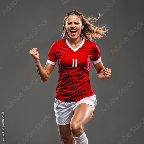 Red jersey female soccer player with extremely happy emotion.