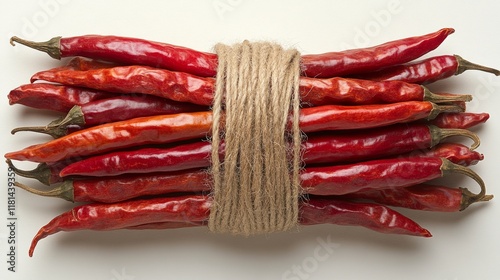 Red chili peppers tied with twine on a black background highlighting their vi...