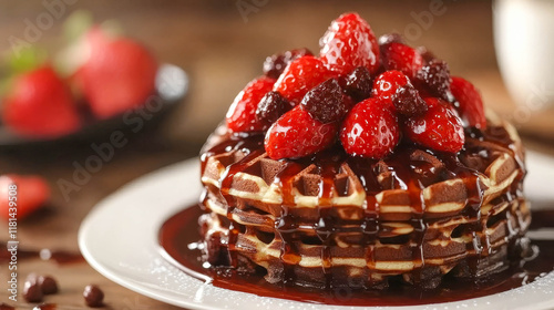 A stack of three chocolate waffles, plentifully drizzled with chocolate sauce and garnished with fresh strawberries and a few berries. photo