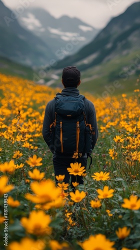 Person walking through a field of yellow flowers on a sunny day in a rural la...
