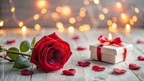 Romantic double exposure: rose, heart sequins, flickering candles, and a gift.