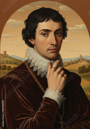 Renaissance Portrait: A young man, possibly of noble birth, is captured in a meticulously rendered portrait, his pensive gaze and elegant attire hinting at a story of wealth, intellect.