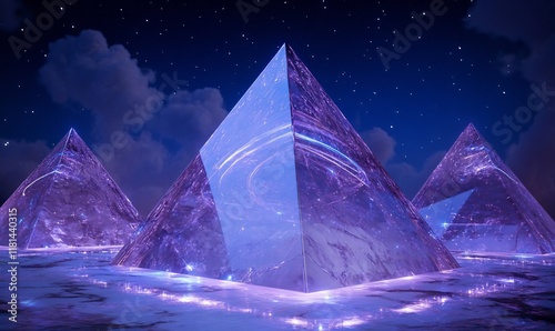 Futuristic pyramids glowing under a starry sky. photo