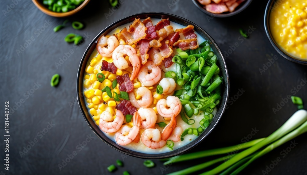 Fresh Shrimp and Grits Bowl with Corn, Bacon, and Scallions Garnish on Dark Background Fresh Shrimp and Grits Bowl with Corn, Bacon, and Scallions Garnish on Dark Background