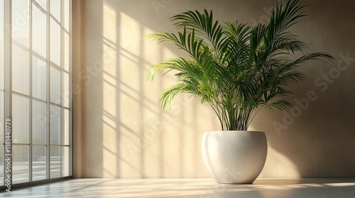 Sunlight flooding a modern room with a large green plant in a white pot near ...
