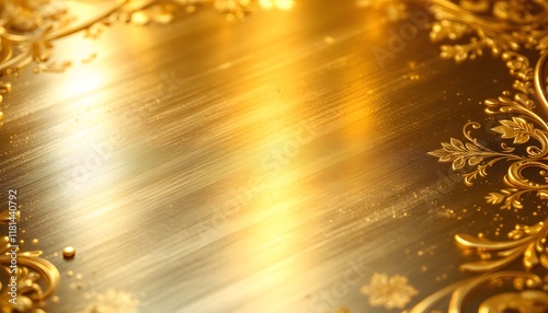 Elegant Shimmering Gold Surface with Intricate Floral Patterns and Reflections photo