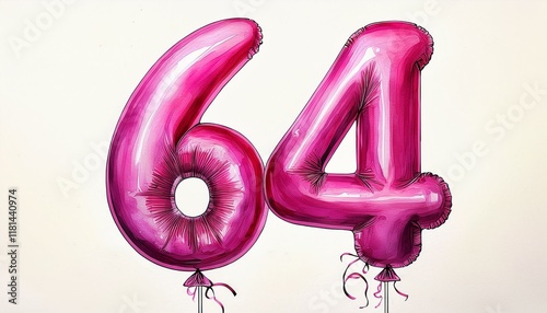 Pink birthday / anniversary balloon, number 64, watercolor painting with white background